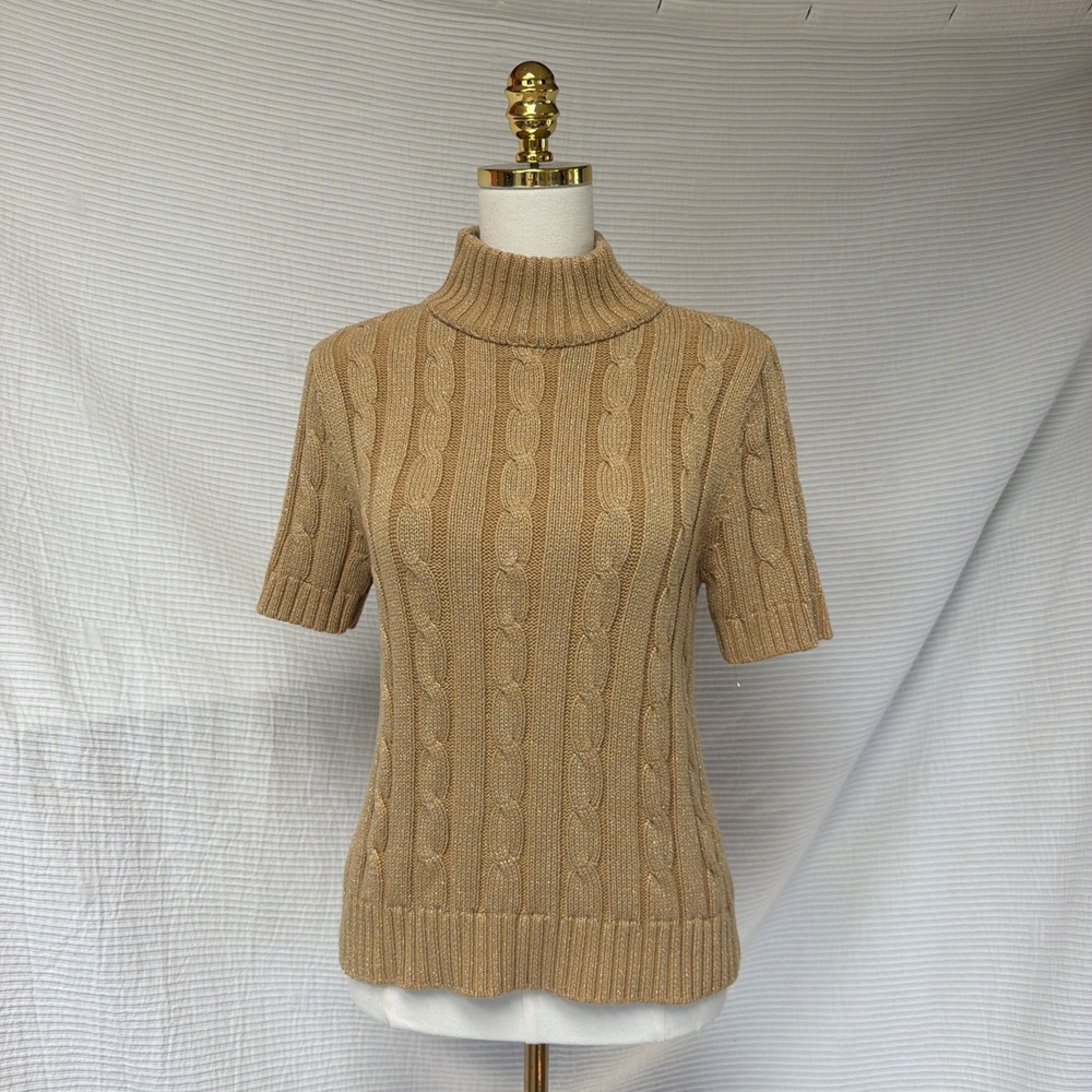 Liz Claiborne Sweater Women Gold S Petite Pullover Turtleneck Short Sleeve